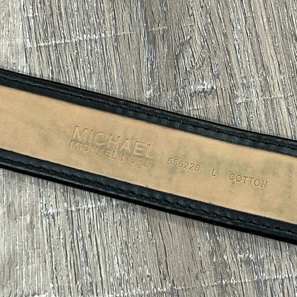 Michael Kors Large (36) Black Canvas Leather MK Brass Logo Buckle Designer Belt